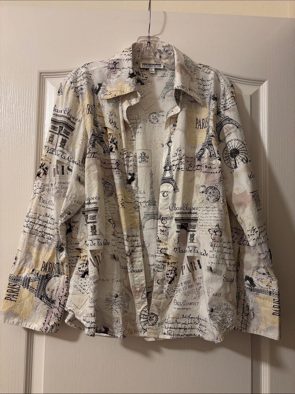Mishca Paris Eiffel Tower Script Print Button-Down Blouse, Size XL